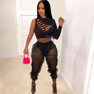 One Sleeve Cut Out Top & Sheer Pants Sets in Spandex/Polyester