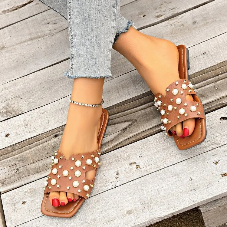 Pearl Detail Square Toe Flat Sandals