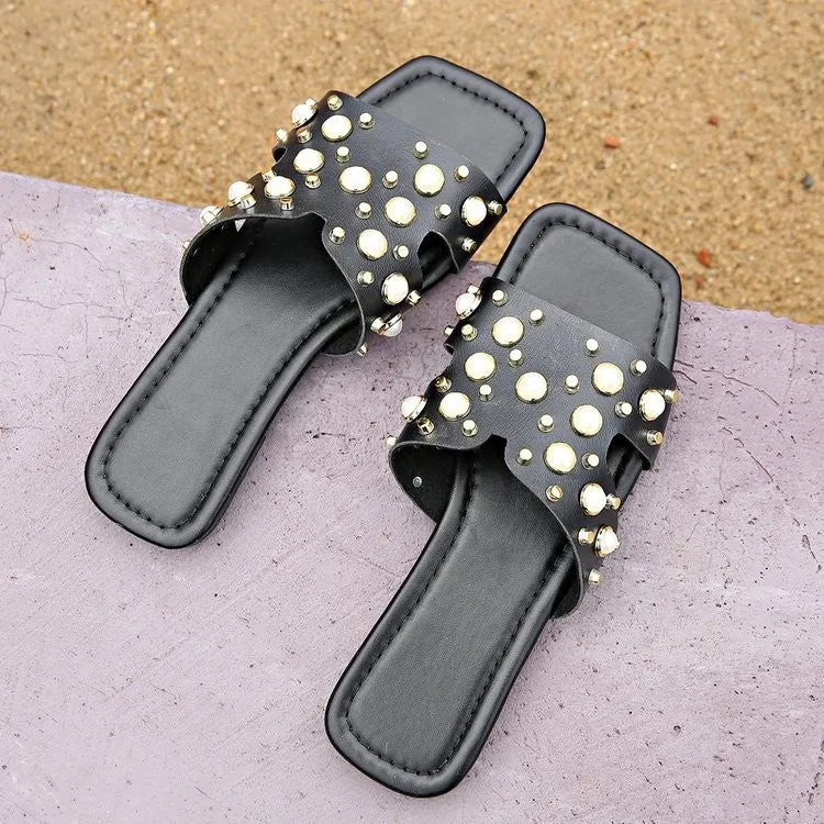 Pearl Detail Square Toe Flat Sandals