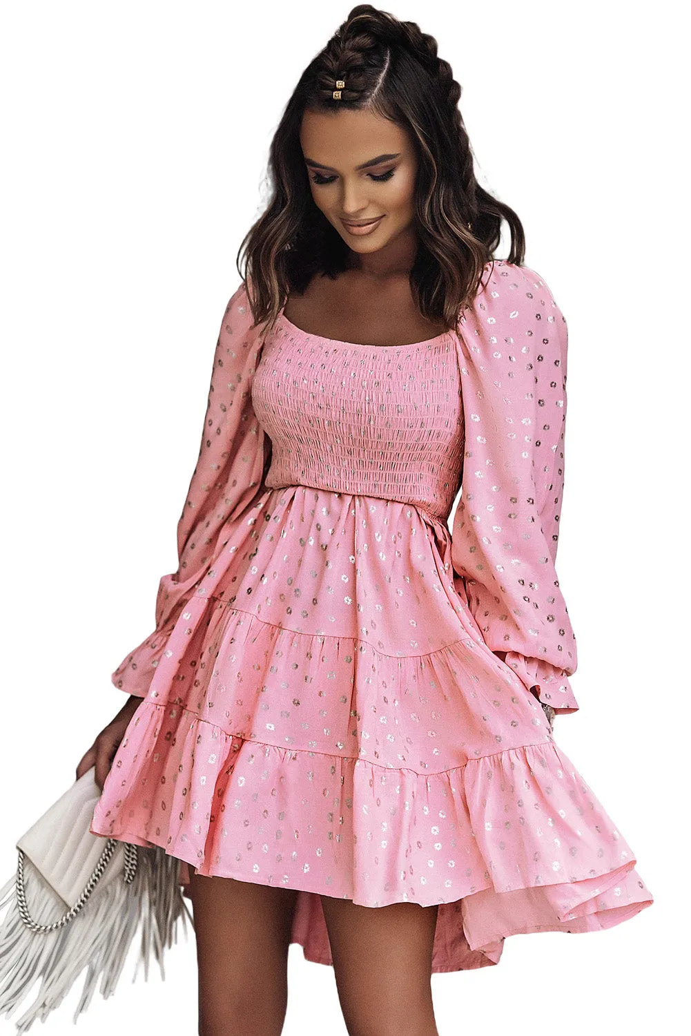 Pink Foil Print Smocked Bodice Layered Mini Dress