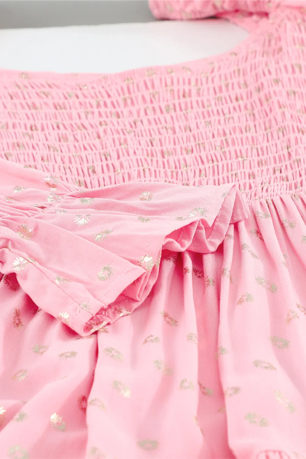Pink Foil Print Smocked Bodice Layered Mini Dress
