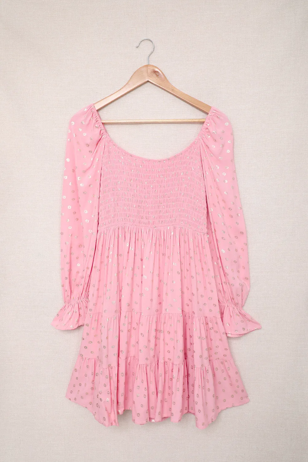 Pink Foil Print Smocked Bodice Layered Mini Dress