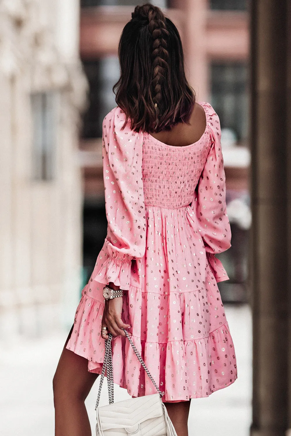 Pink Foil Print Smocked Bodice Layered Mini Dress