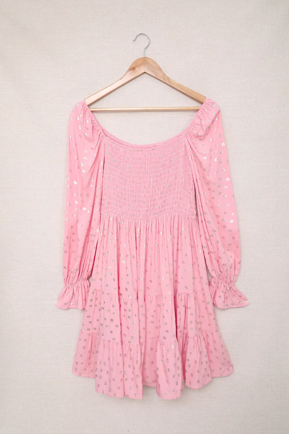 Pink Foil Print Smocked Bodice Layered Mini Dress