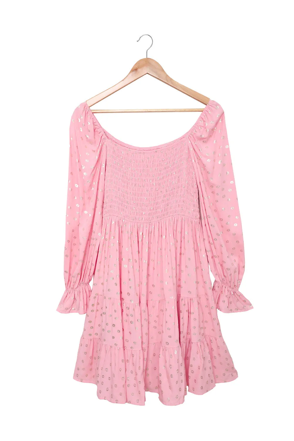Pink Foil Print Smocked Bodice Layered Mini Dress