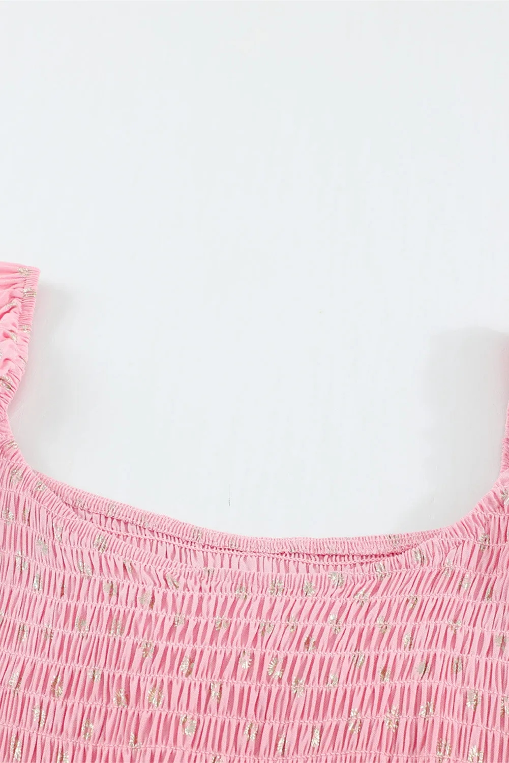 Pink Foil Print Smocked Bodice Layered Mini Dress