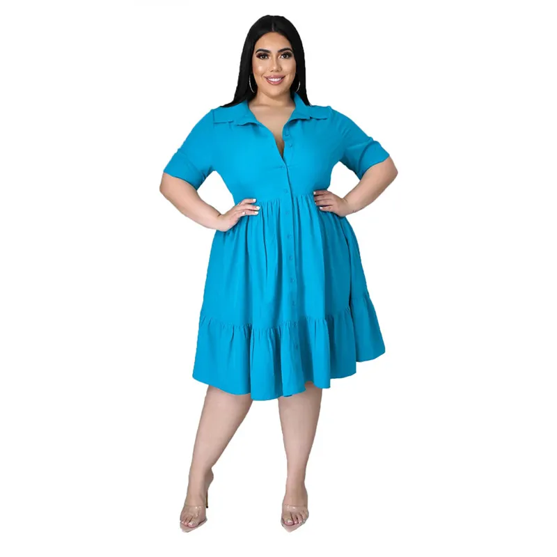Plus Size Ruffle Shirt Dress | Short Sleeve | Single Breasted | Polyester
