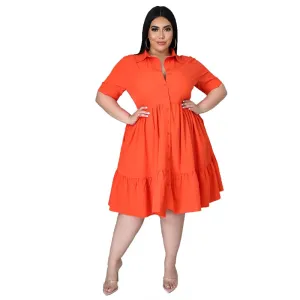 Plus Size Ruffle Shirt Dress | Short Sleeve | Single Breasted | Polyester