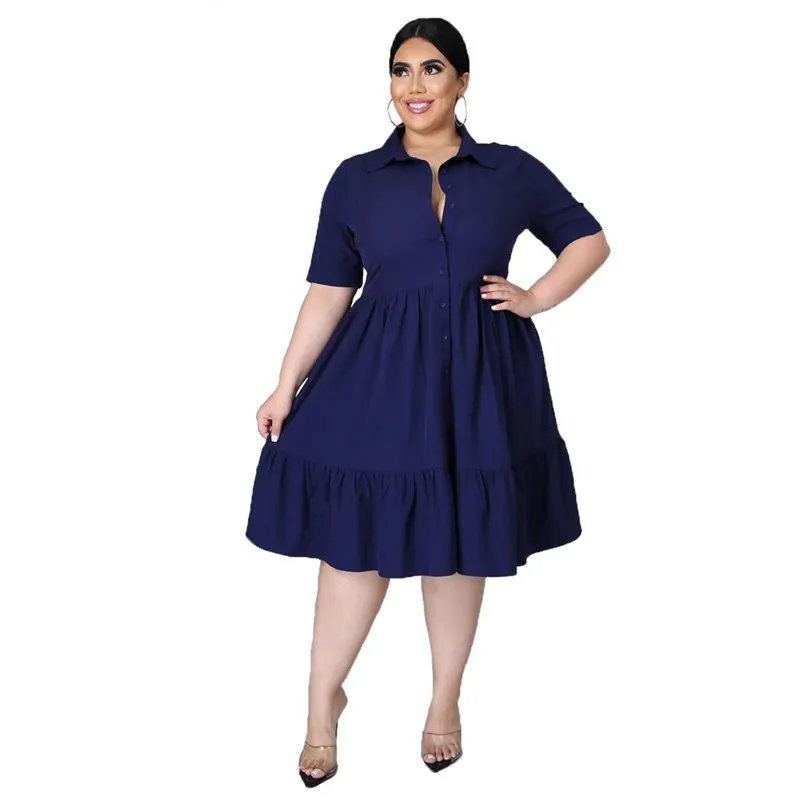 Plus Size Ruffle Shirt Dress | Short Sleeve | Single Breasted | Polyester