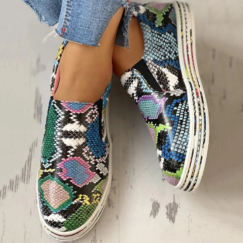 PU Snakeskin Print Flat Sneakers