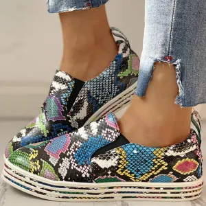 PU Snakeskin Print Flat Sneakers