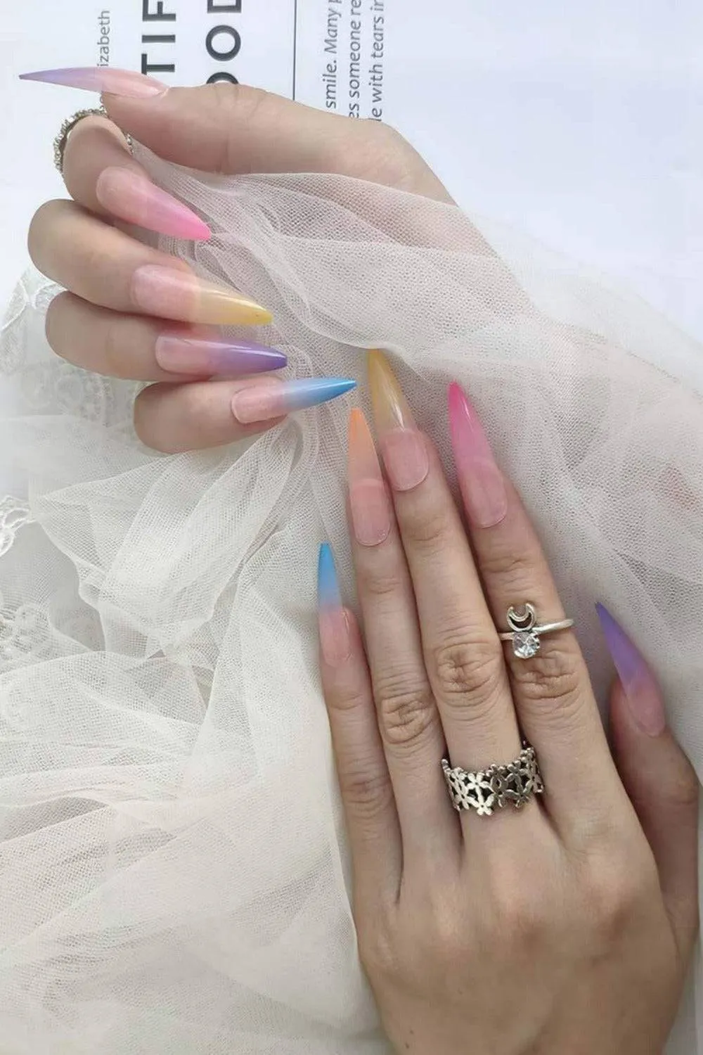 Rainbow Ombre Press On Nails Glossy Stiletto Tip Nail Kit