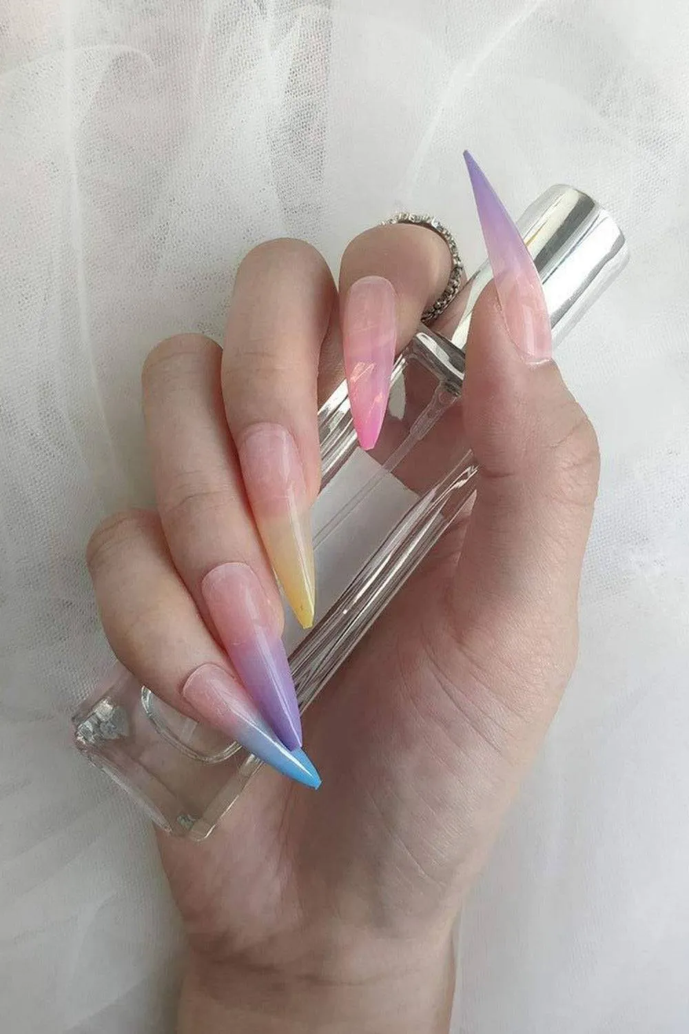 Rainbow Ombre Press On Nails Glossy Stiletto Tip Nail Kit