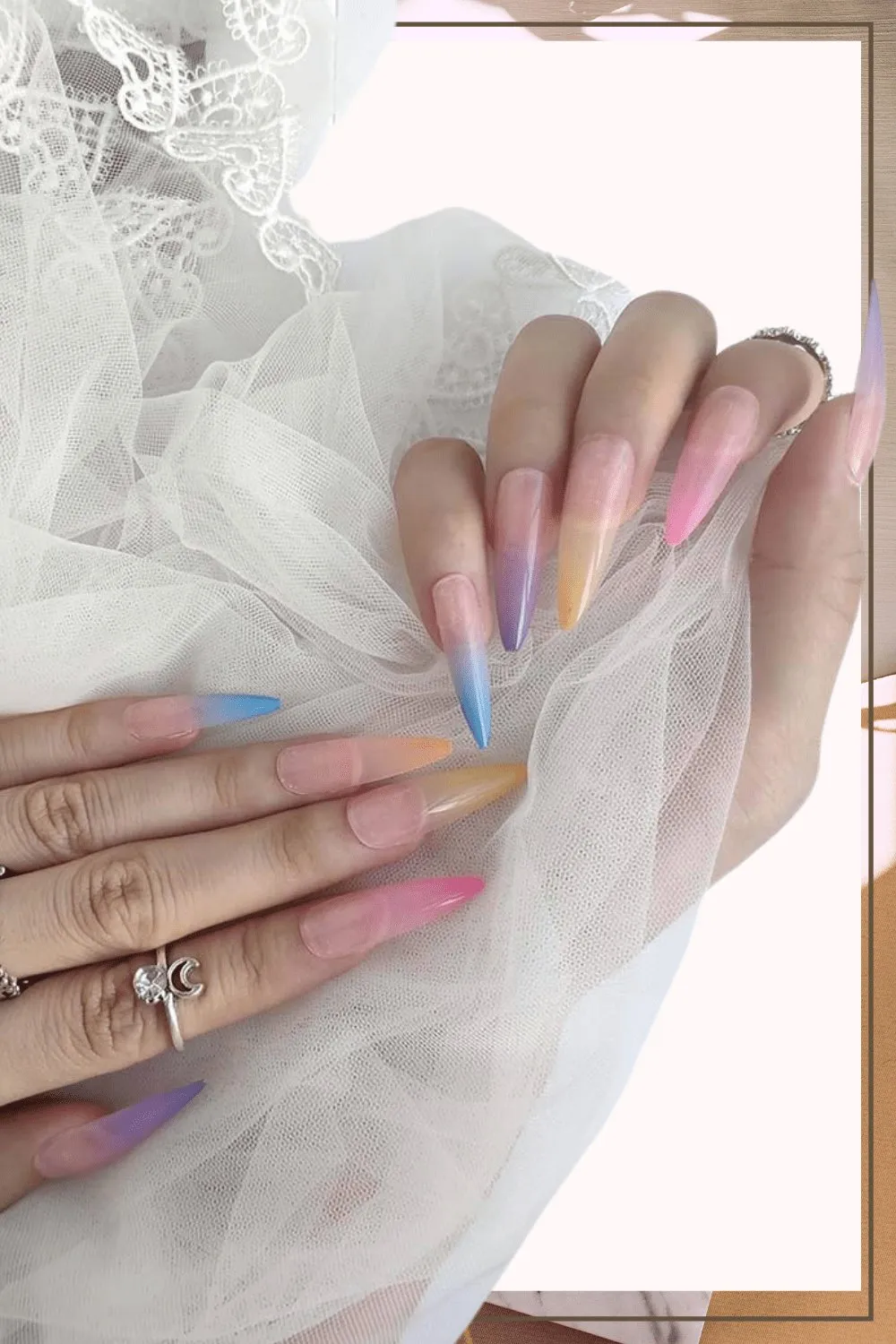 Rainbow Ombre Press On Nails Glossy Stiletto Tip Nail Kit