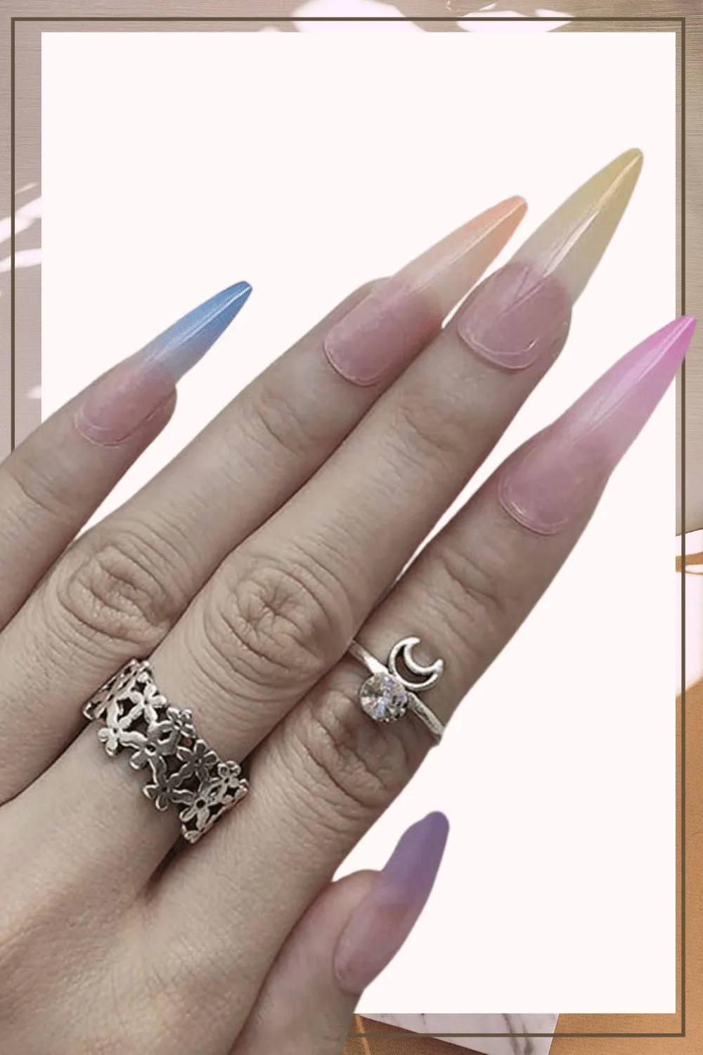 Rainbow Ombre Press On Nails Glossy Stiletto Tip Nail Kit