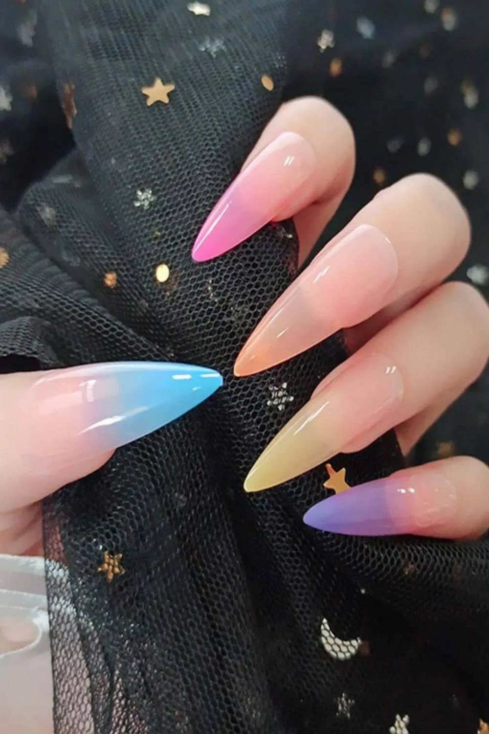Rainbow Ombre Press On Nails Glossy Stiletto Tip Nail Kit