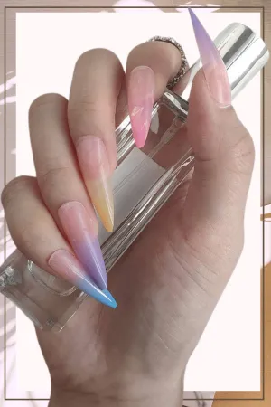 Rainbow Ombre Press On Nails Glossy Stiletto Tip Nail Kit
