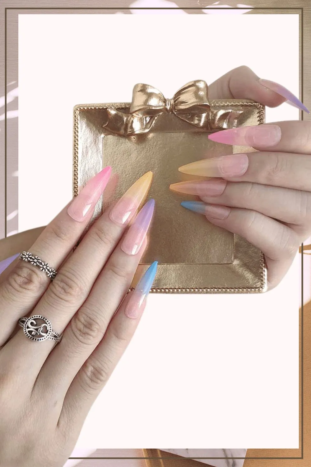 Rainbow Ombre Press On Nails Glossy Stiletto Tip Nail Kit