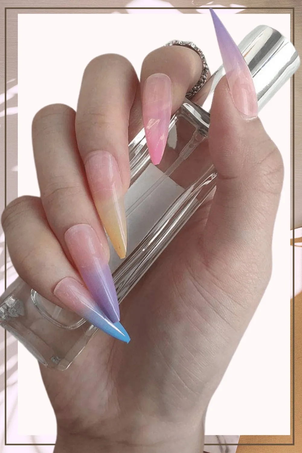 Rainbow Ombre Press On Nails Glossy Stiletto Tip Nail Kit