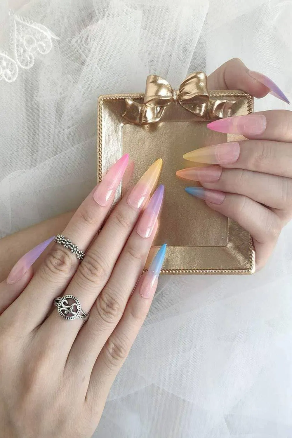 Rainbow Ombre Press On Nails Glossy Stiletto Tip Nail Kit
