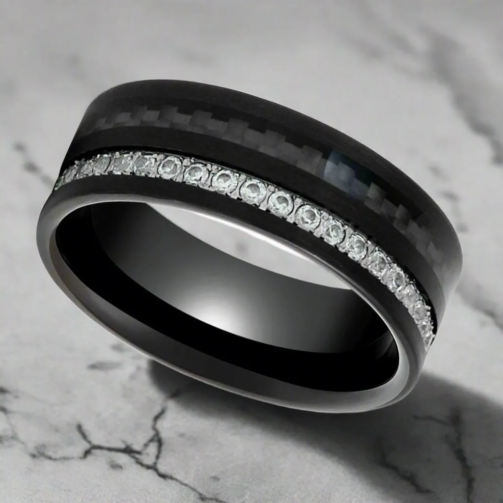 REACTOR | Black Tungsten Ring, Black Carbon Fiber and Eternity White CZ Inlay