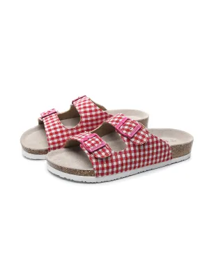 Red Tartan Gingham Double-Buckle Sandals Slides