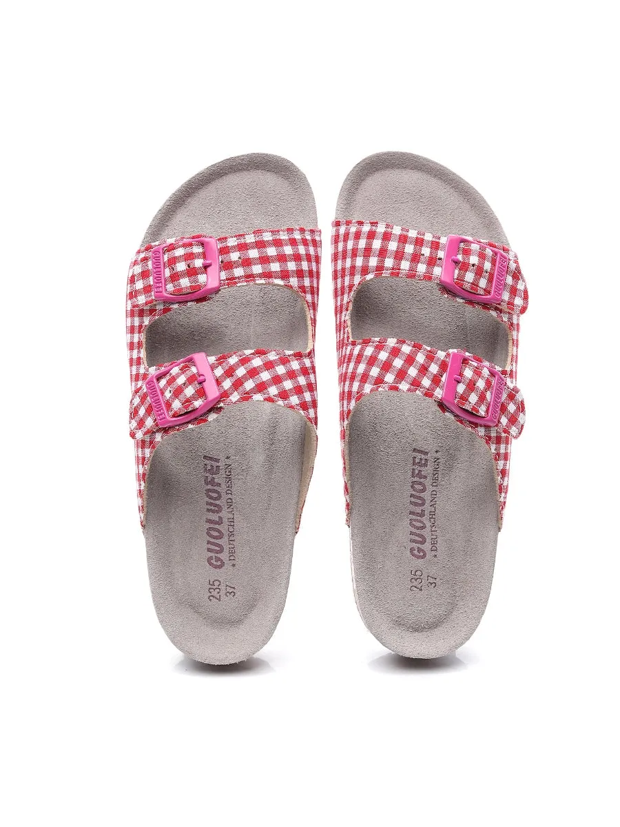Red Tartan Gingham Double-Buckle Sandals Slides