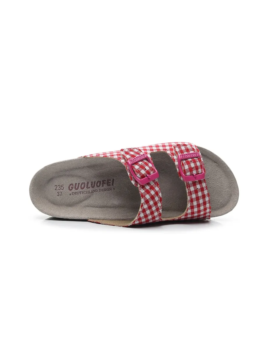 Red Tartan Gingham Double-Buckle Sandals Slides