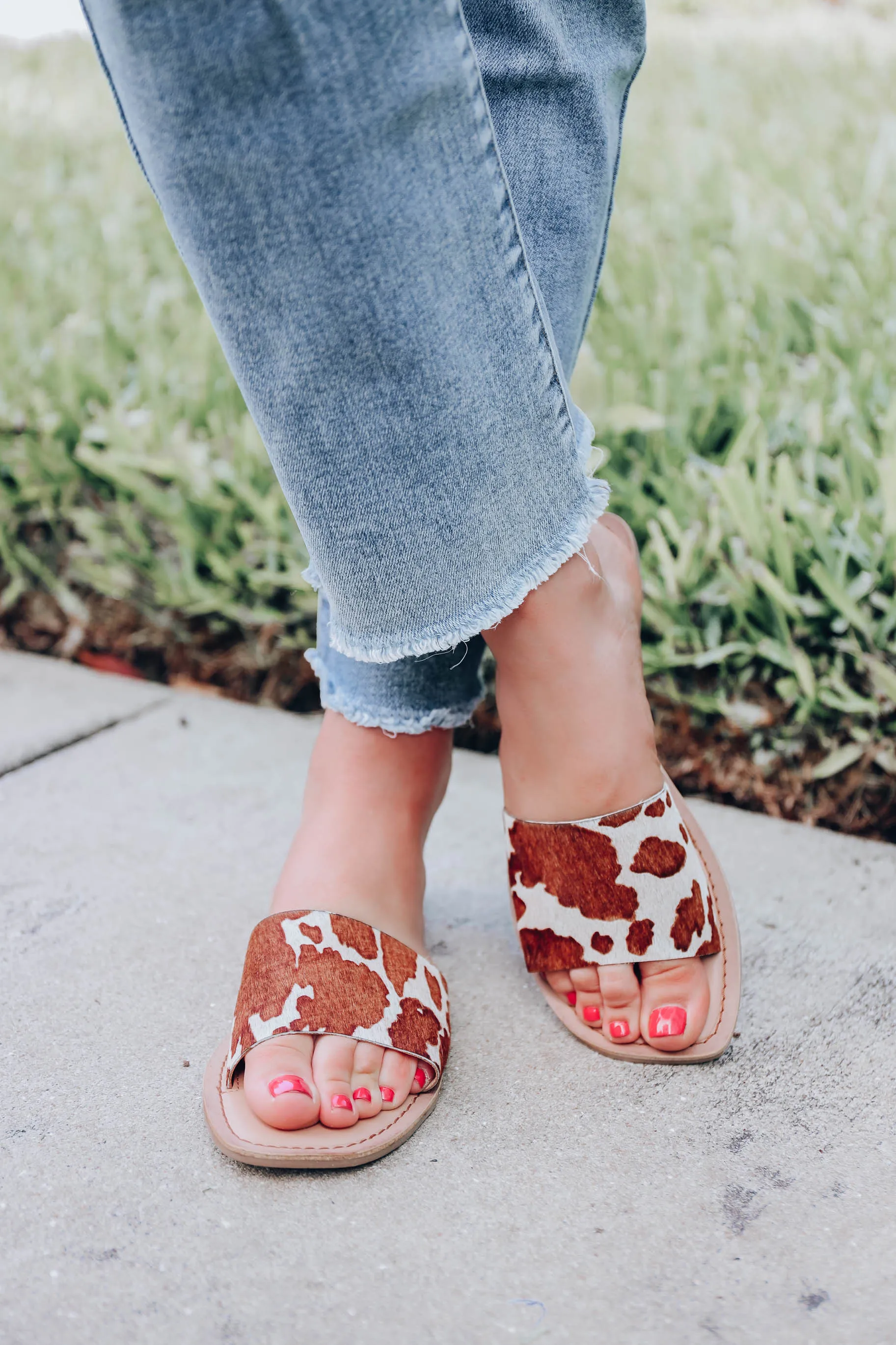 Regina Cow Print Slide by Chinese Laundry - Brown/Beige