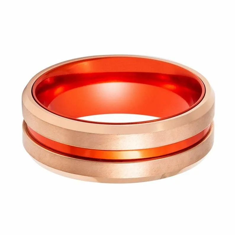 Reston Tungsten Ring Red Groove Center and Red Anodized Interior Sleeve - 8mm