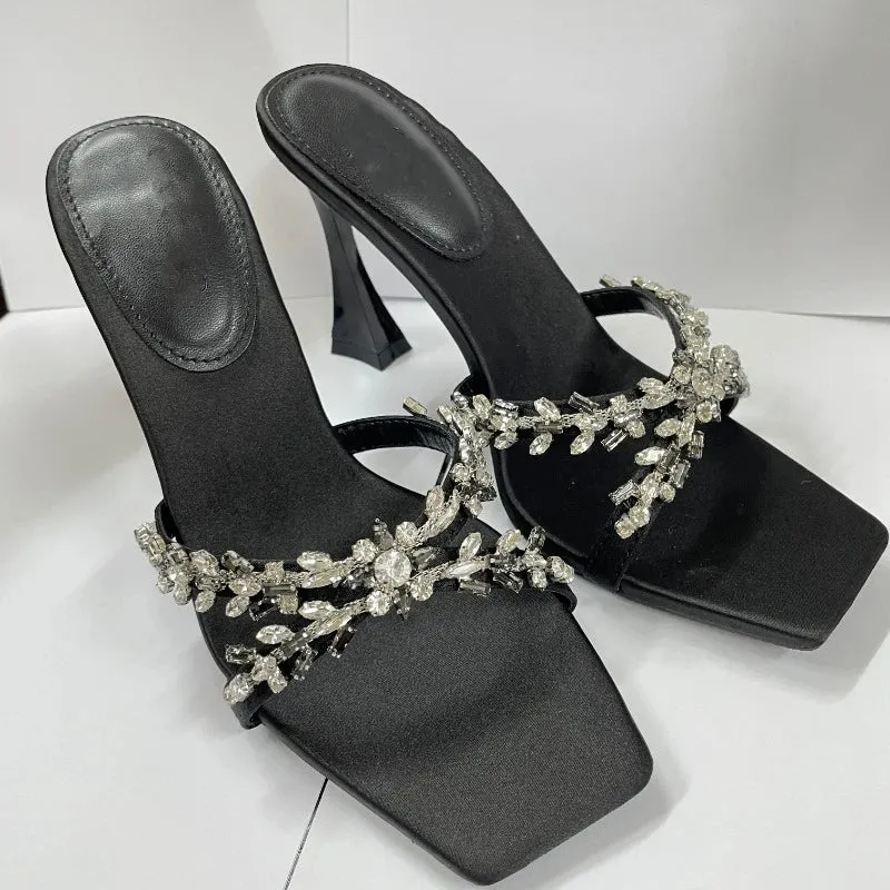 Rhinestone Square Head Open Toe High Heel Sandals