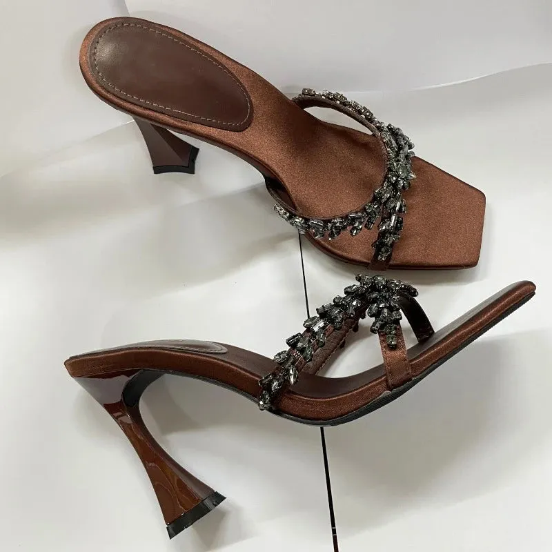 Rhinestone Square Head Open Toe High Heel Sandals