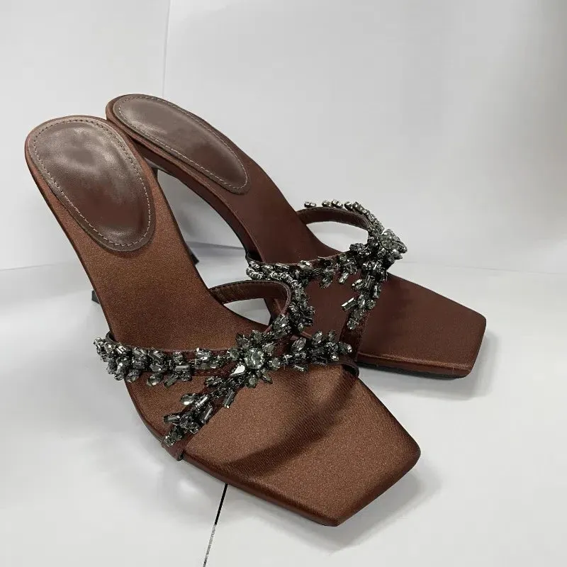 Rhinestone Square Head Open Toe High Heel Sandals