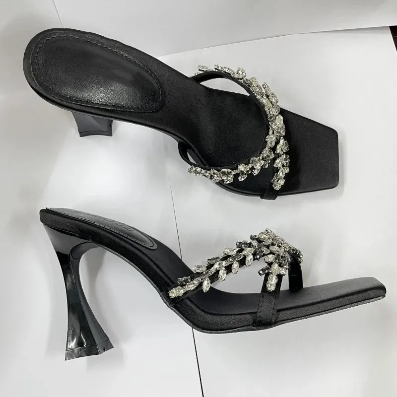 Rhinestone Square Head Open Toe High Heel Sandals
