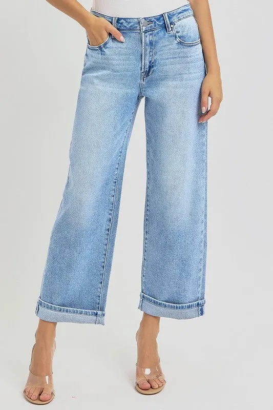 RISEN Full Size Ankle Wide Leg Cuffed Jeans Plus Size