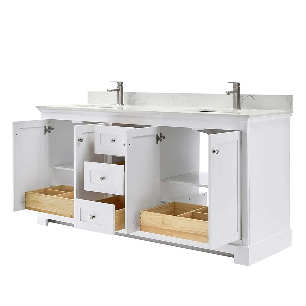 Ryla 72 Inch Double Bathroom Vanity in White, Carrara Cultured Marble Countertop, Undermount Square Sinks, No Mirror