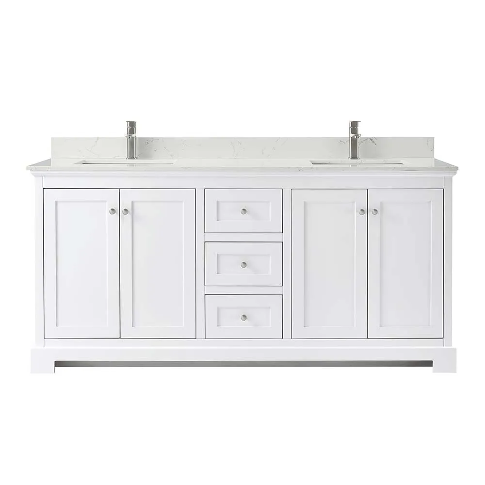 Ryla 72 Inch Double Bathroom Vanity in White, Carrara Cultured Marble Countertop, Undermount Square Sinks, No Mirror