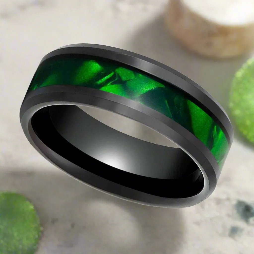 SABRE | Black Tungsten Ring, Green Mother of Pearl Inlay, Beveled