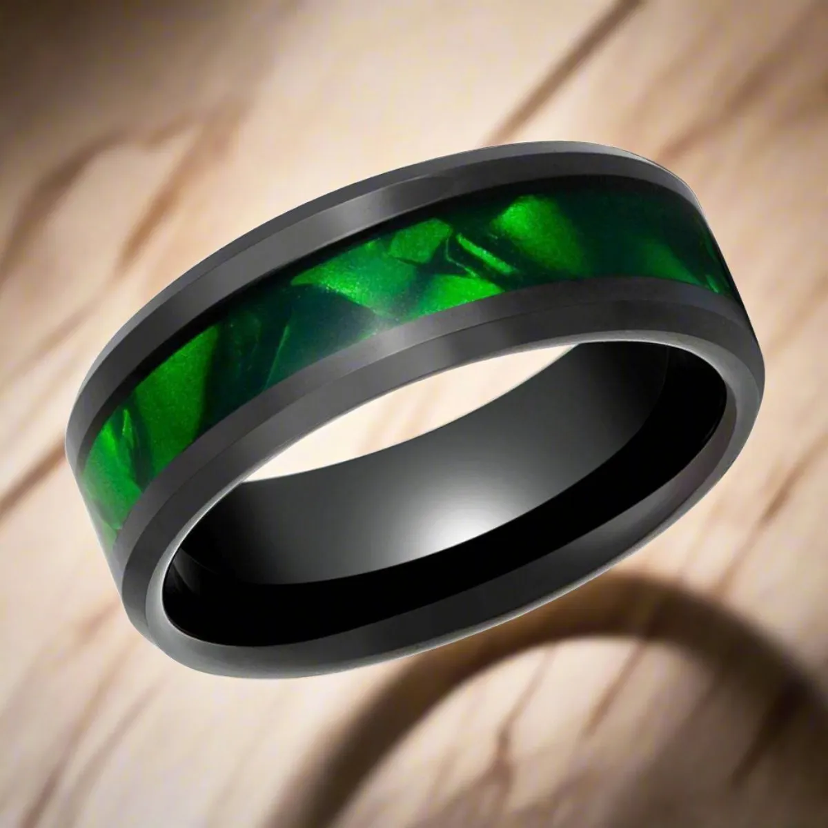 SABRE | Black Tungsten Ring, Green Mother of Pearl Inlay, Beveled
