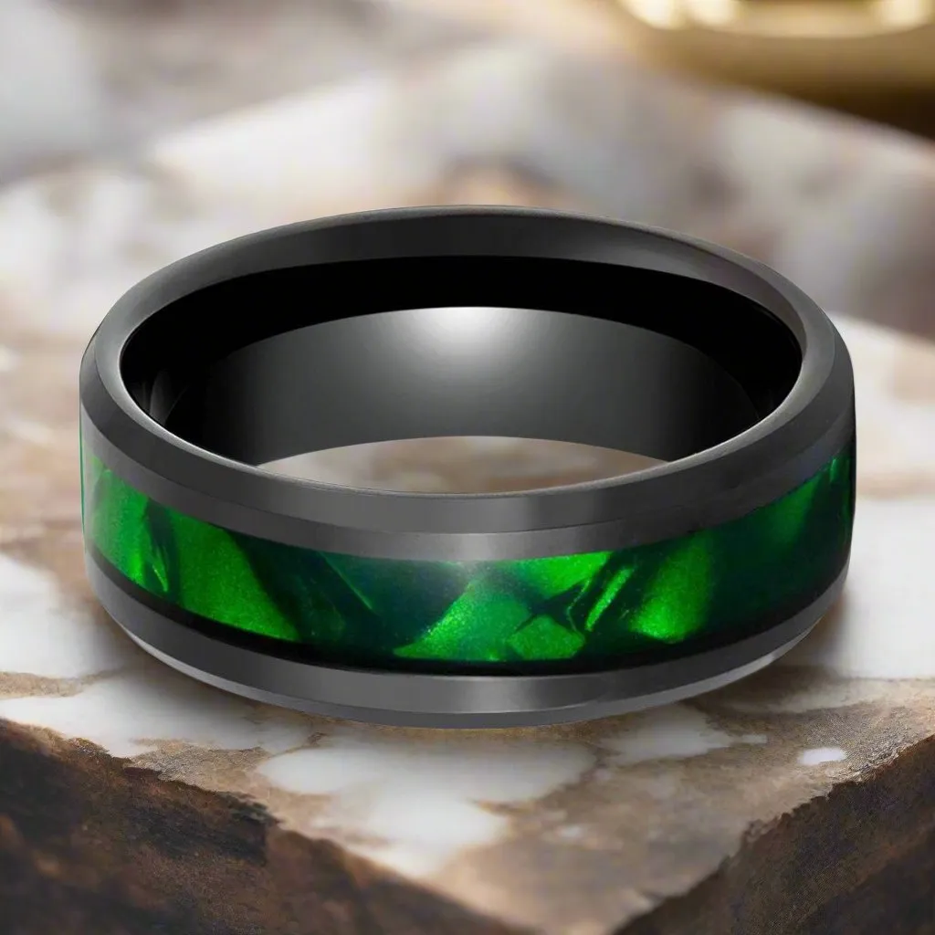 SABRE | Black Tungsten Ring, Green Mother of Pearl Inlay, Beveled