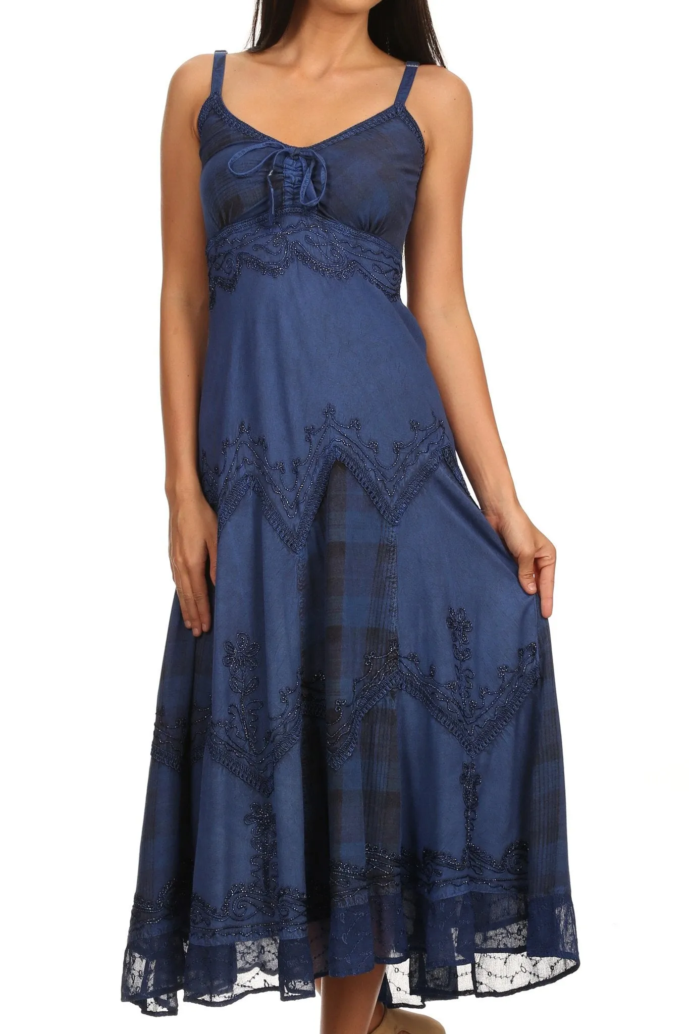 Sakkas Iris Plaid Stonewashed Rayon Embroidered Adjustable Spaghetti Straps Dress