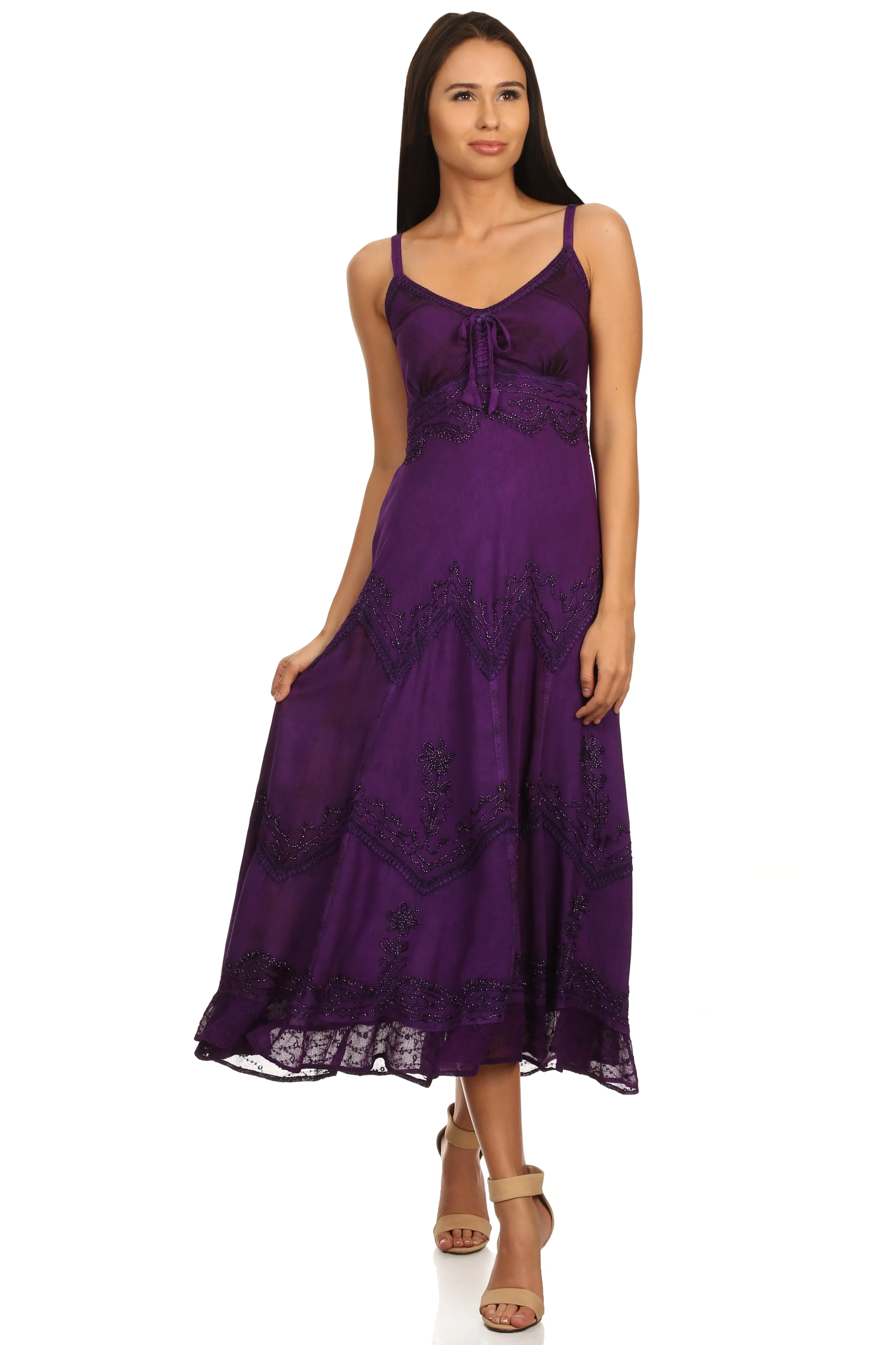 Sakkas Iris Plaid Stonewashed Rayon Embroidered Adjustable Spaghetti Straps Dress