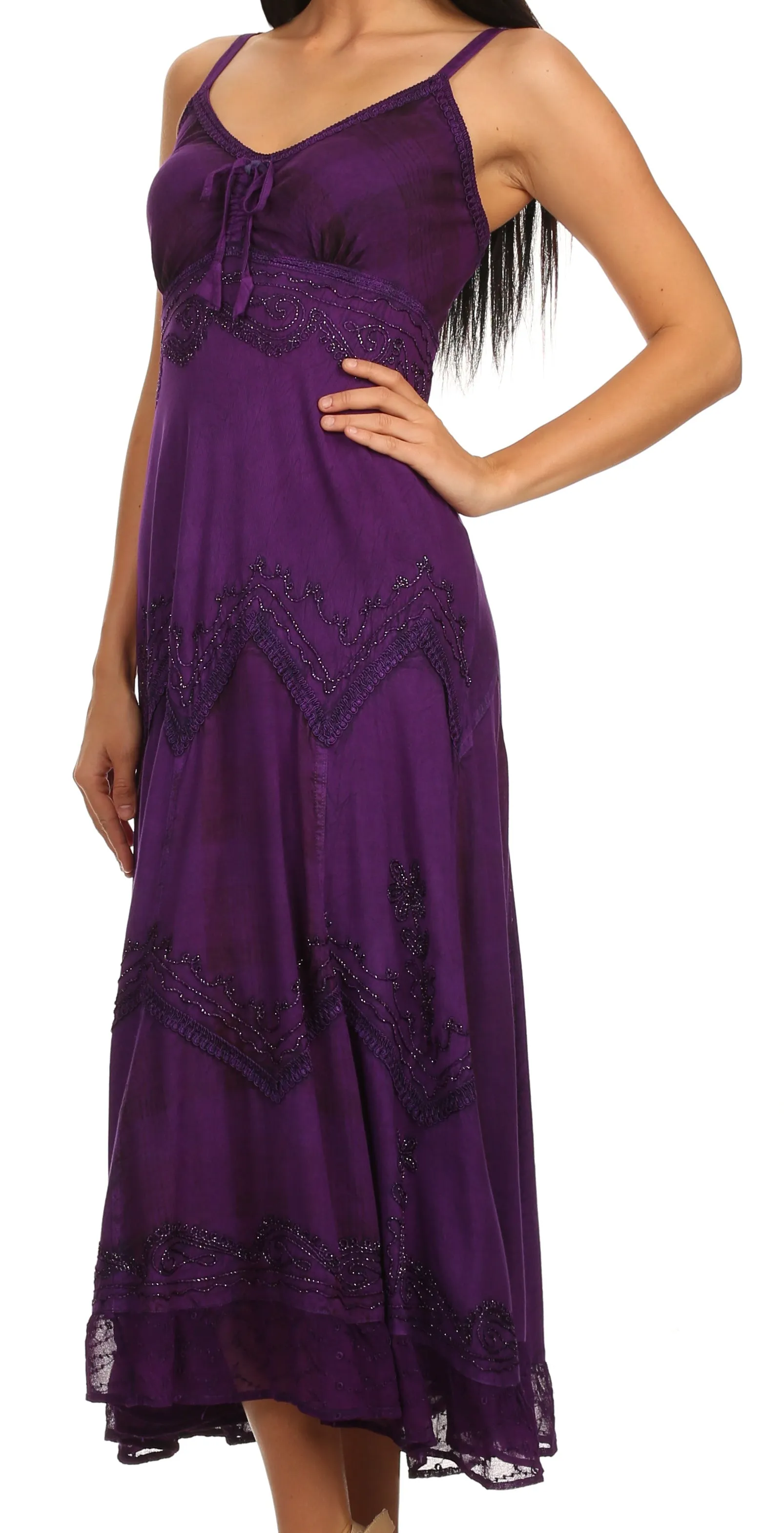 Sakkas Iris Plaid Stonewashed Rayon Embroidered Adjustable Spaghetti Straps Dress