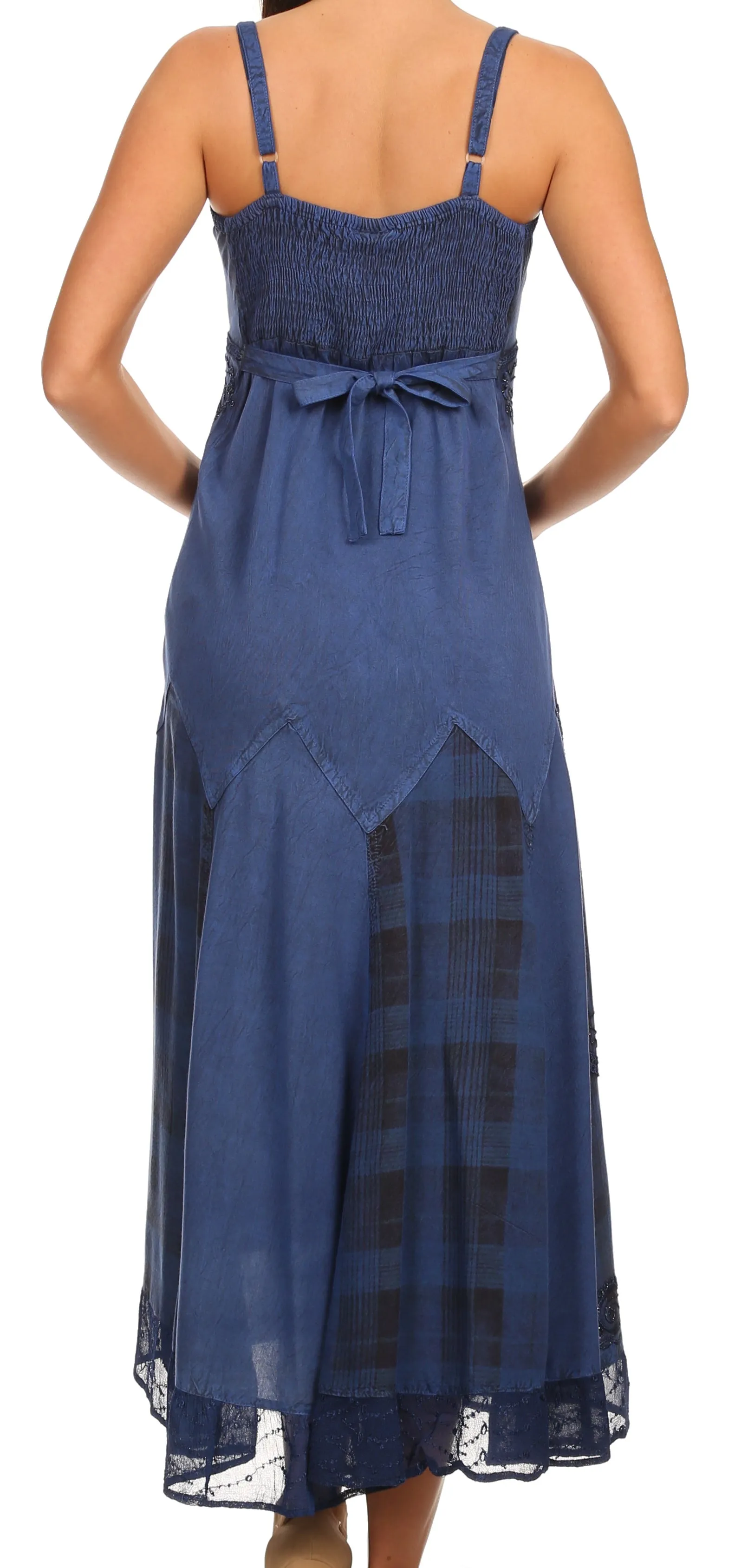 Sakkas Iris Plaid Stonewashed Rayon Embroidered Adjustable Spaghetti Straps Dress