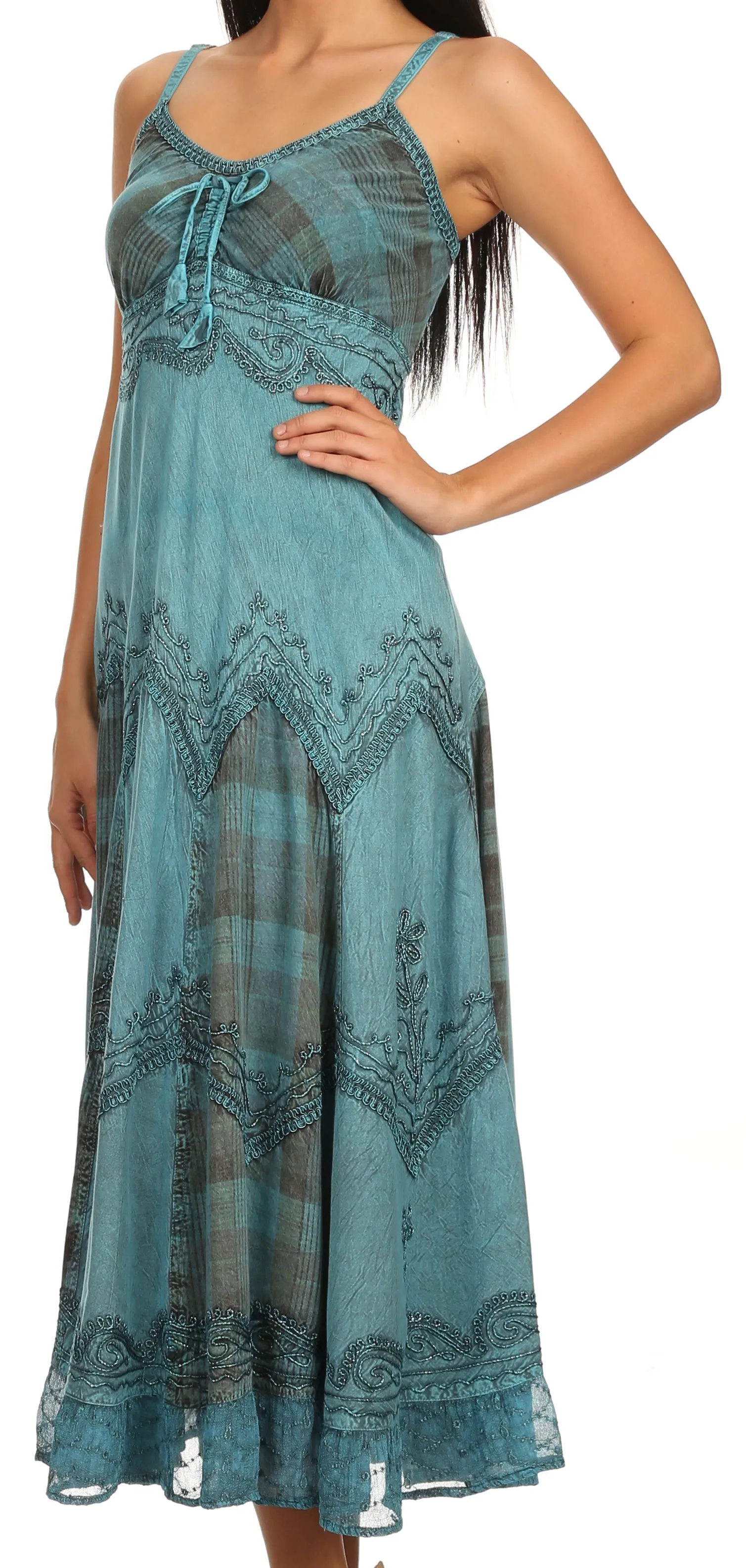 Sakkas Iris Plaid Stonewashed Rayon Embroidered Adjustable Spaghetti Straps Dress