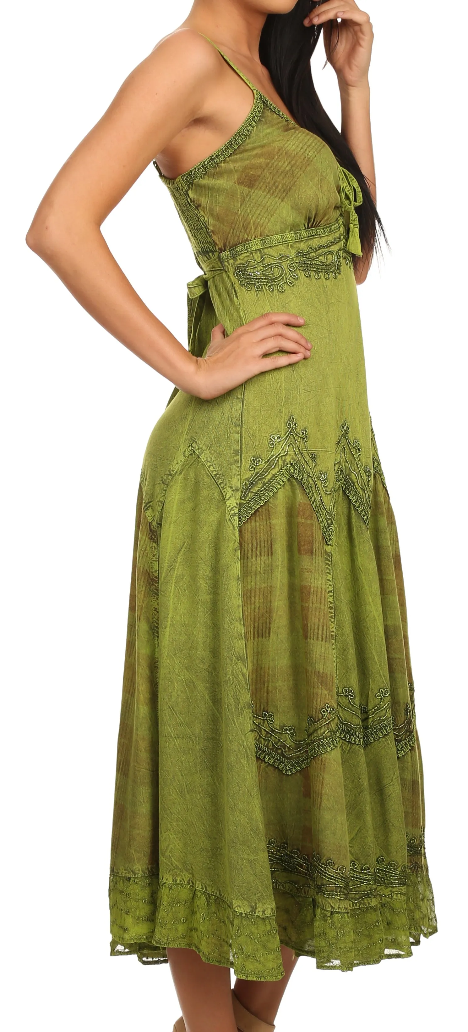 Sakkas Iris Plaid Stonewashed Rayon Embroidered Adjustable Spaghetti Straps Dress