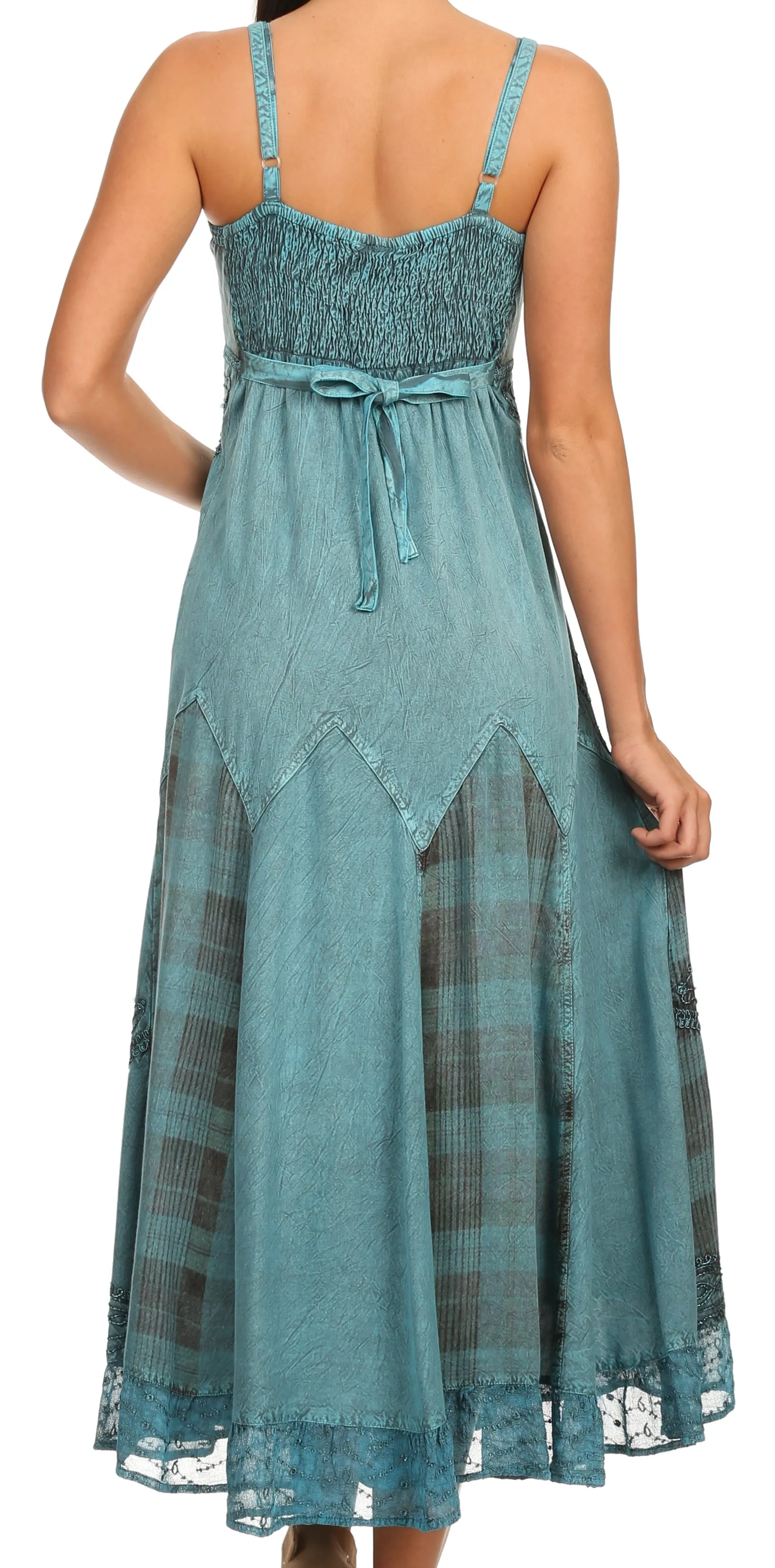 Sakkas Iris Plaid Stonewashed Rayon Embroidered Adjustable Spaghetti Straps Dress