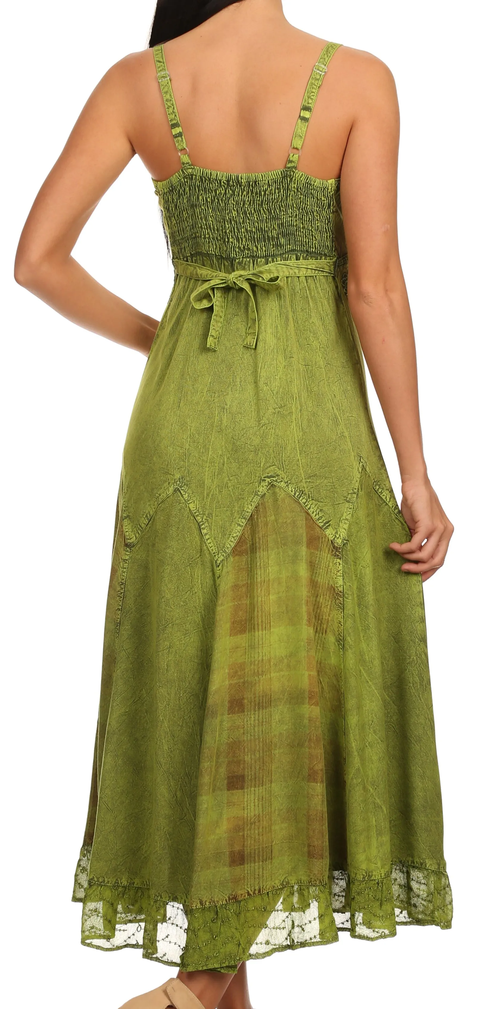 Sakkas Iris Plaid Stonewashed Rayon Embroidered Adjustable Spaghetti Straps Dress