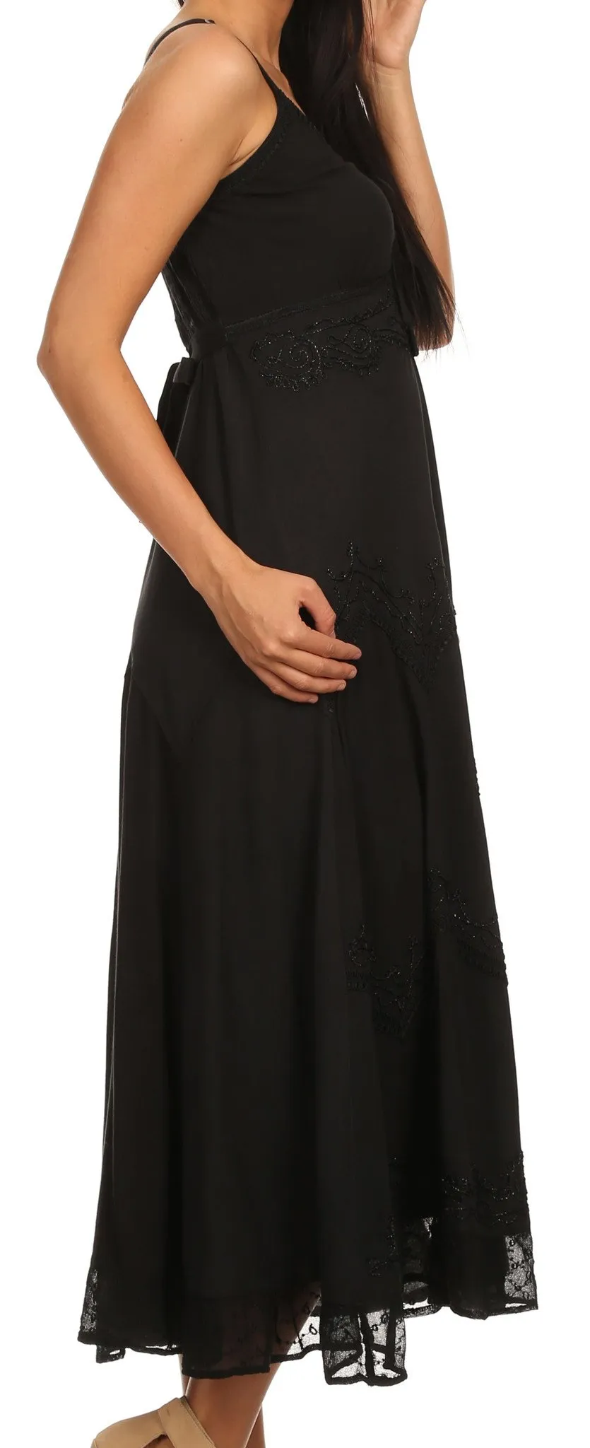 Sakkas Iris Plaid Stonewashed Rayon Embroidered Adjustable Spaghetti Straps Dress