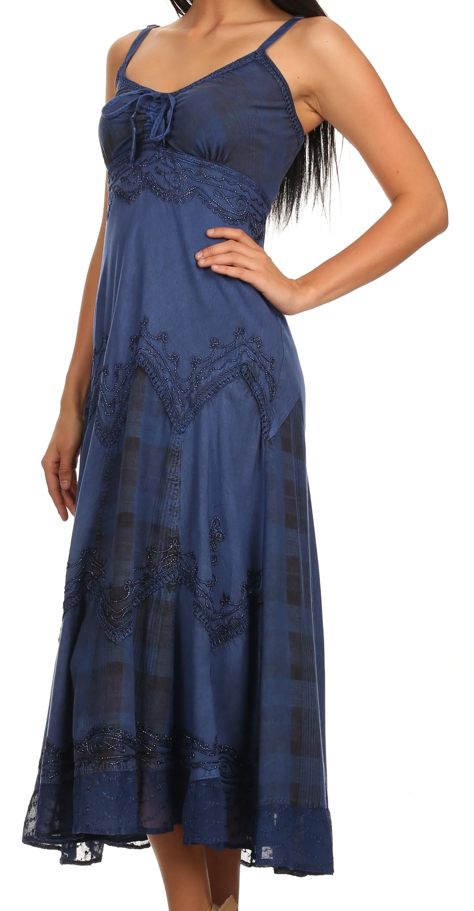 Sakkas Iris Plaid Stonewashed Rayon Embroidered Adjustable Spaghetti Straps Dress